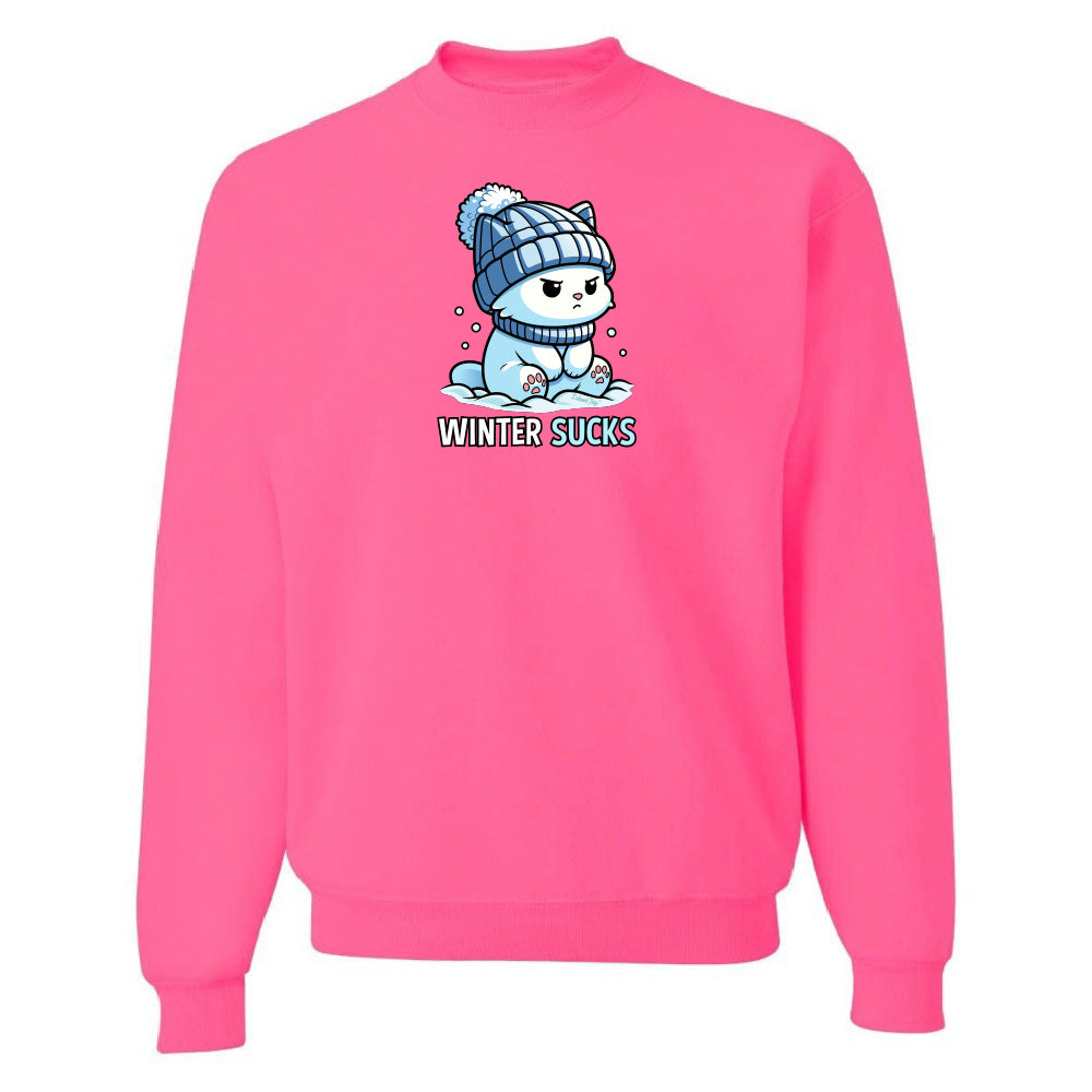 Pink sweatshirt with a cartoon character and 'Winter Sucks' text on a white background