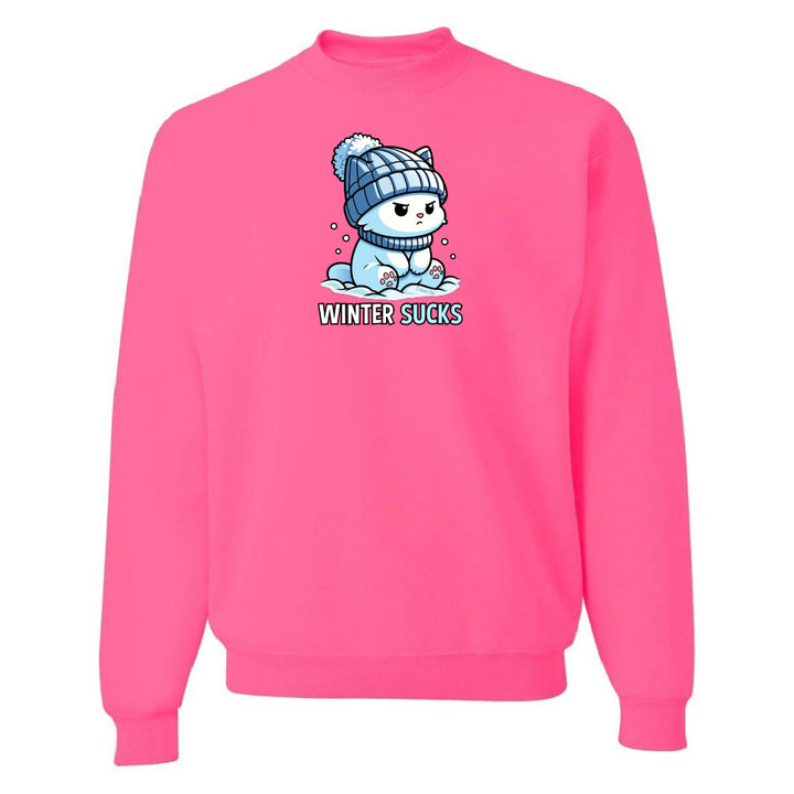 Pink sweatshirt with a cartoon character and 'Winter Sucks' text on a white background