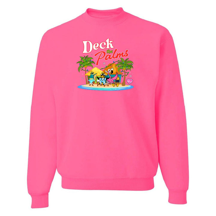 Pink sweatshirt with 'Dock Palms' design on a white background