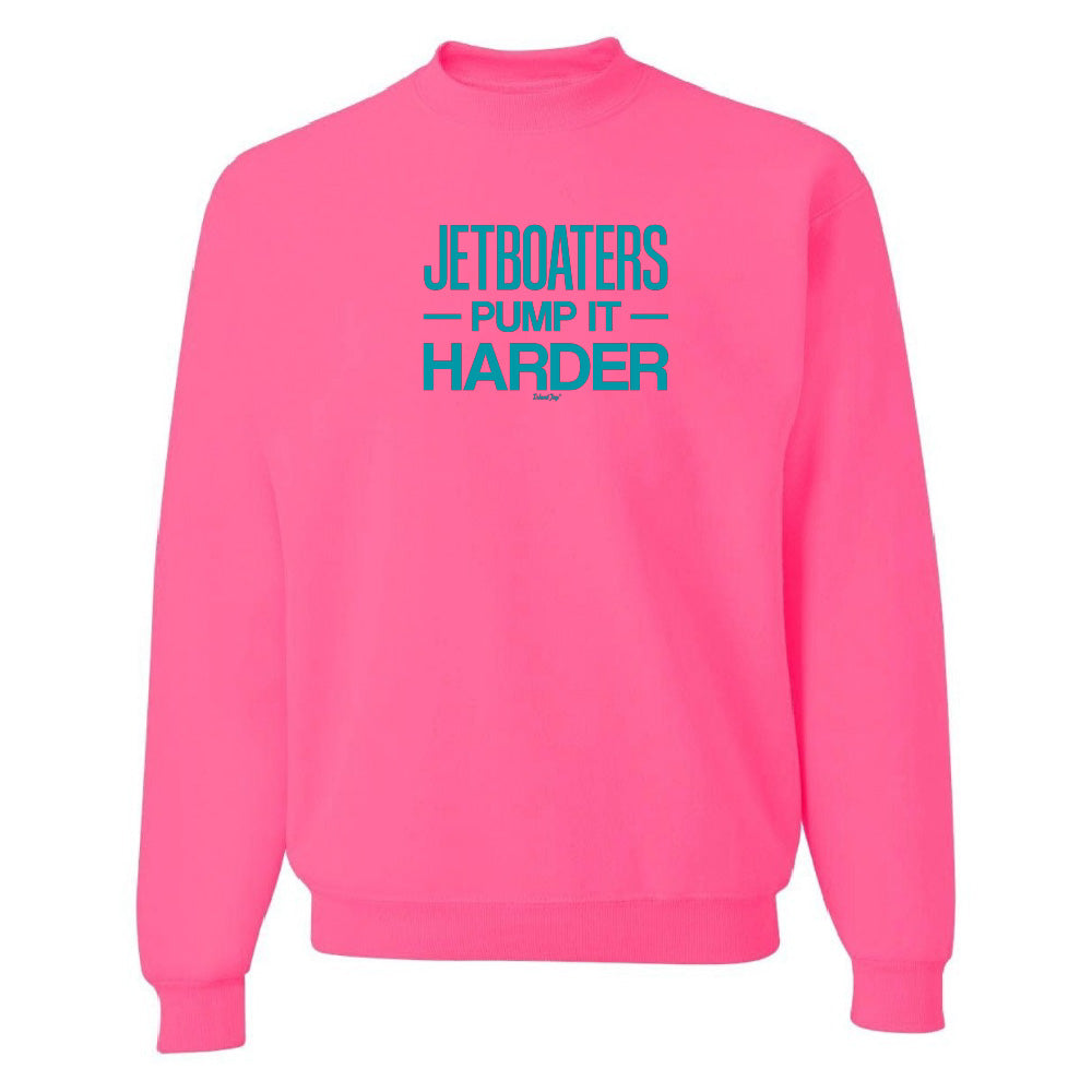 Pink sweatshirt with blue text on a white background