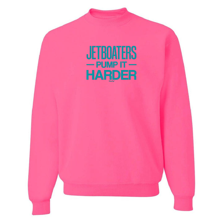 Pink sweatshirt with blue text on a white background