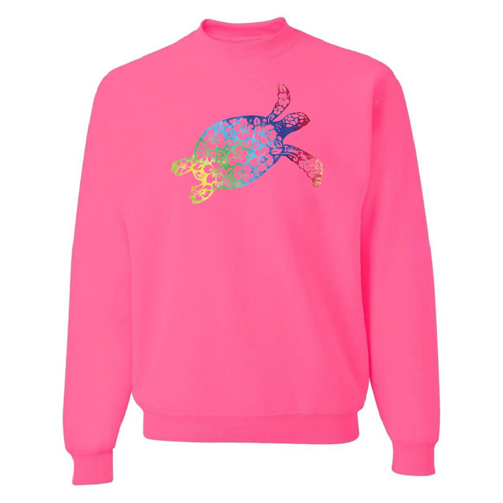 Pink sweatshirt with a colorful turtle design on a white background