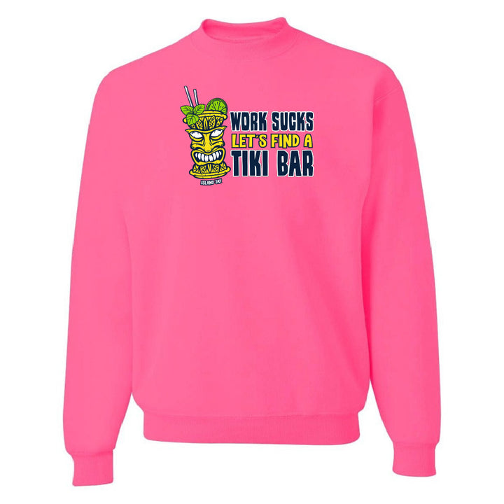 Pink sweatshirt with a tiki bar graphic and text on a white background
