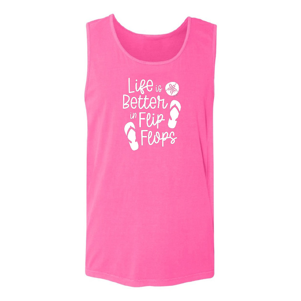 Pink tank top with 'Life is Better in Flip Flops' text and footprints on a white background