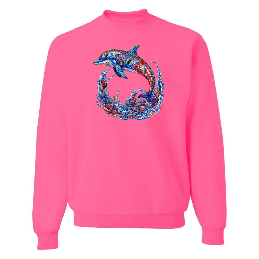 Pink sweatshirt with a colorful dolphin design on a white background