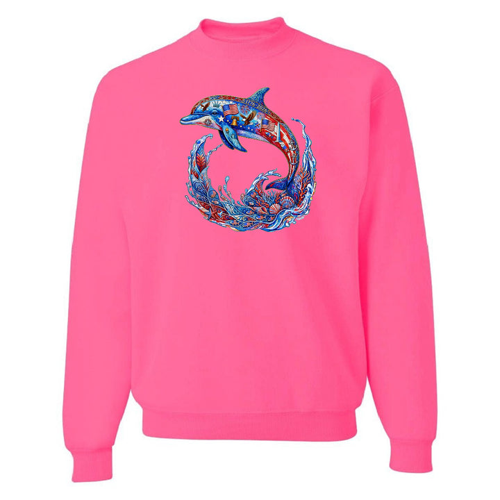 Pink sweatshirt with a colorful dolphin design on a white background