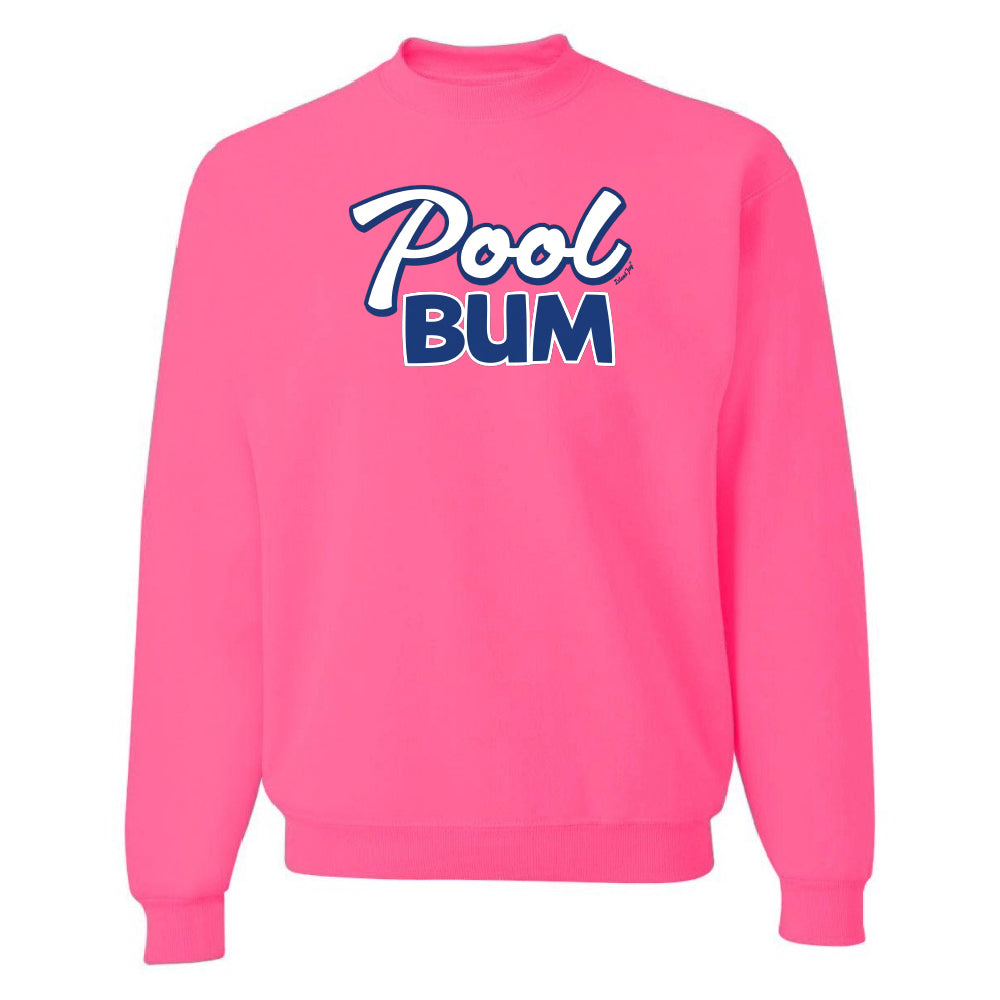 Pink sweatshirt with 'Pool Bum' text on a white background