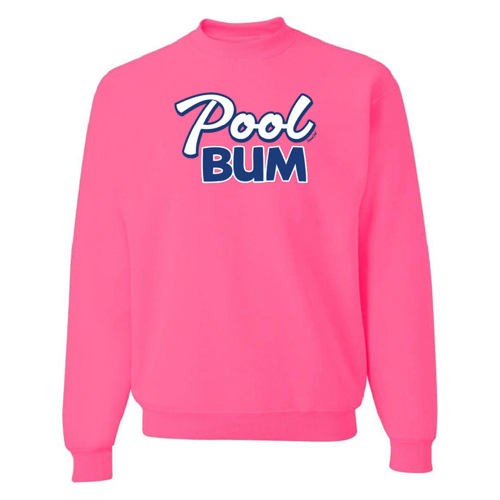 Pink sweatshirt with 'Pool Bum' text on a white background