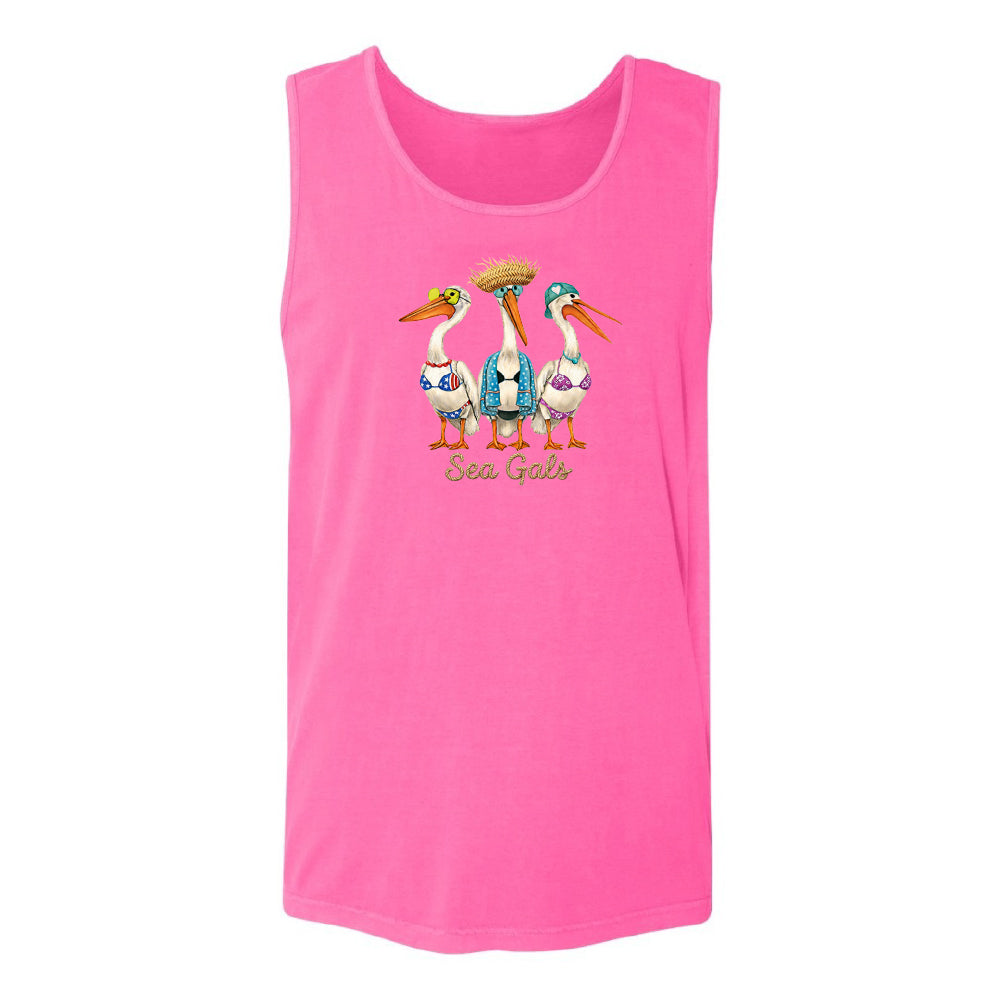Pink tank top with pelican design and 'Sea Gals' text on a white background