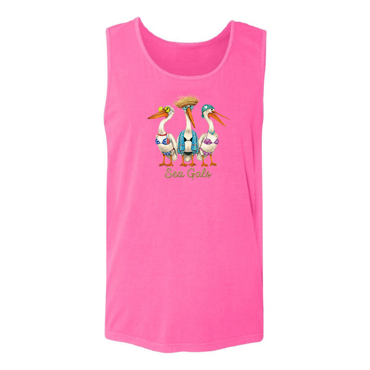 Pink tank top with pelican design and 'Sea Gals' text on a white background