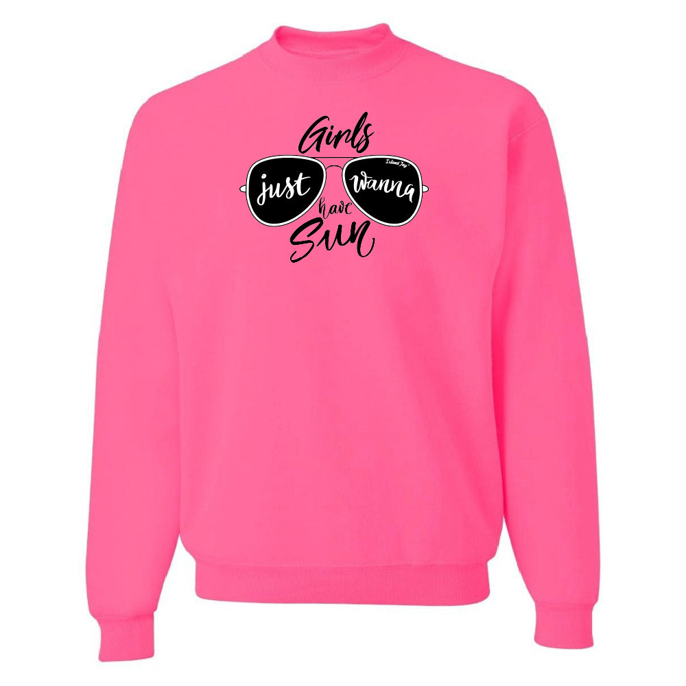 Pink sweatshirt with sunglasses graphic and text on a white background
