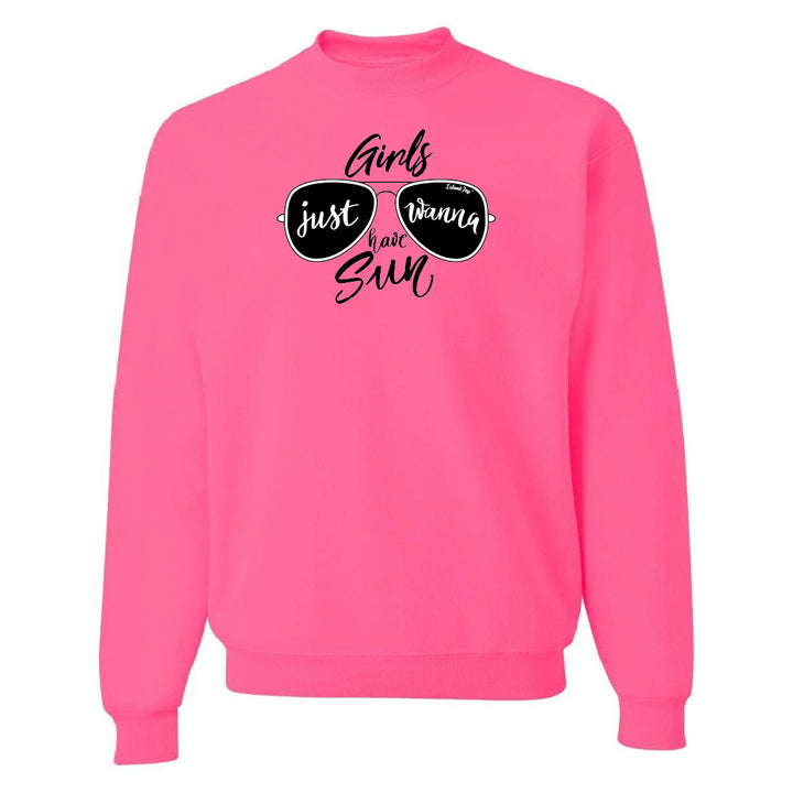 Pink sweatshirt with sunglasses graphic and text on a white background