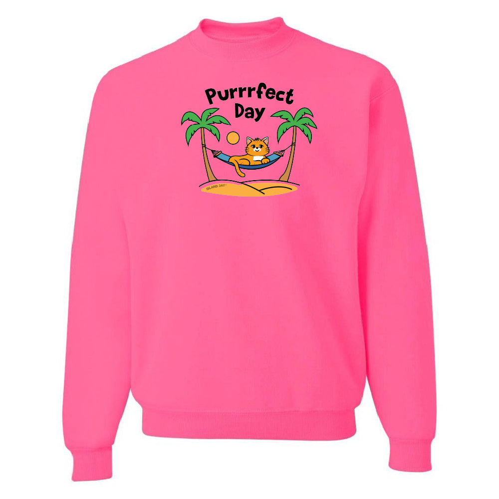 Pink sweatshirt with a cat graphic and 'Purrfect Day' text on a white background