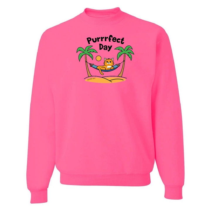 Pink sweatshirt with a cat graphic and 'Purrfect Day' text on a white background