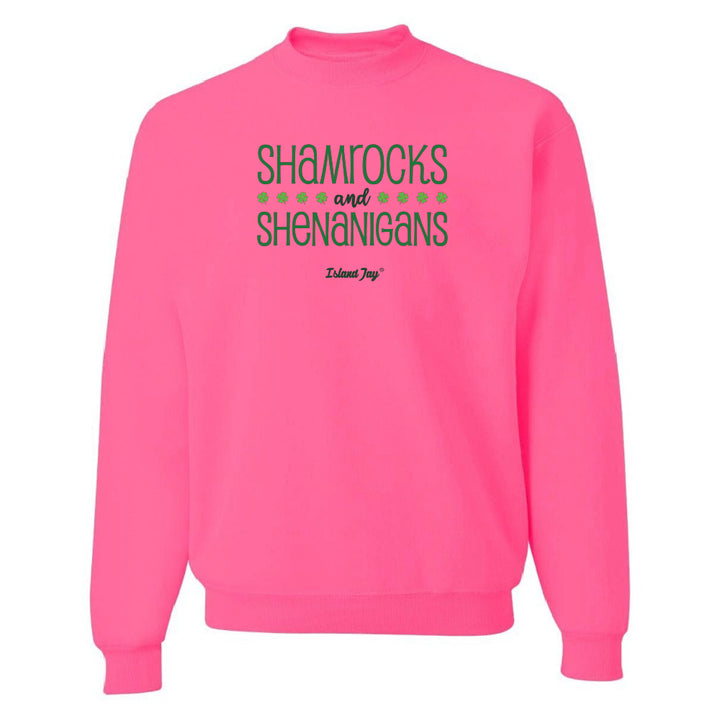 Pink sweatshirt with 'Shamrocks and Shenanigans' text on a white background