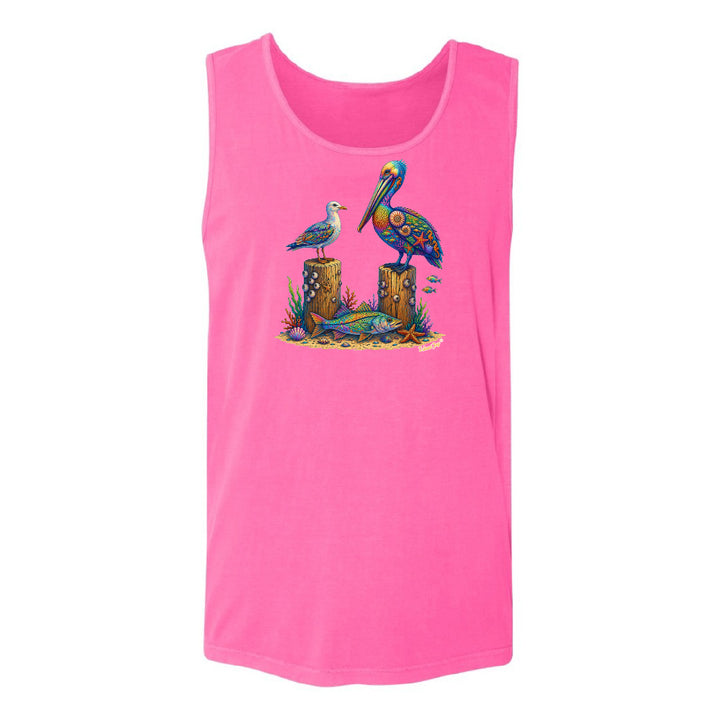 Pink tank top with a colorful bird design on a white background