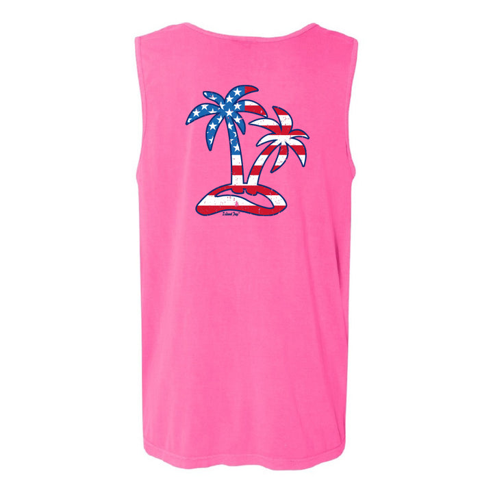 Pink sleeveless shirt with American flag palm tree design on a white background