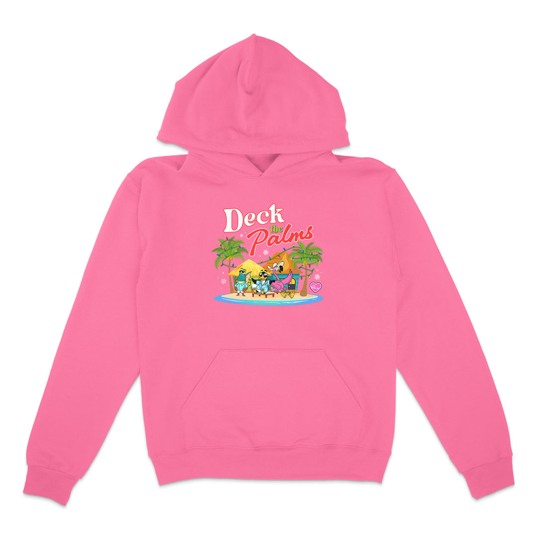 Pink hoodie with a tropical graphic and 'Deck the Palms' text on a white background