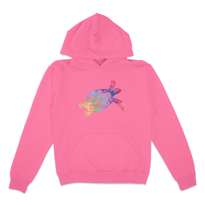 Pink hoodie with a colorful turtle design on a white background