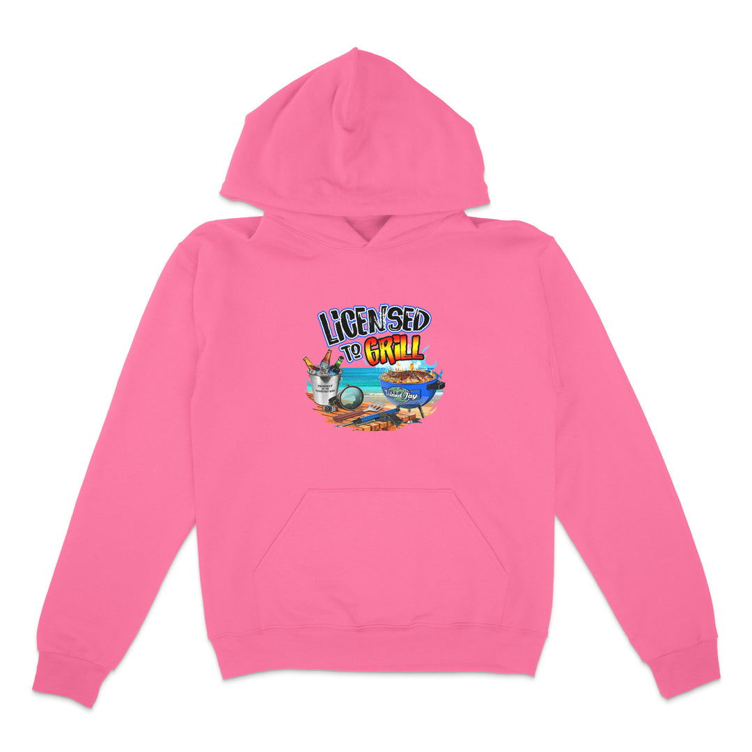Pink hoodie with 'Licensed to Chill' graphic on a white background