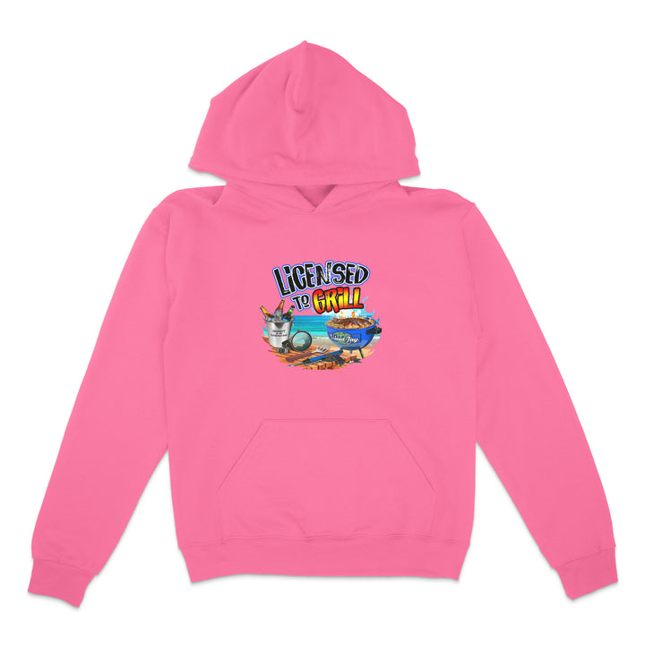Pink hoodie with 'Licensed to Chill' graphic on a white background