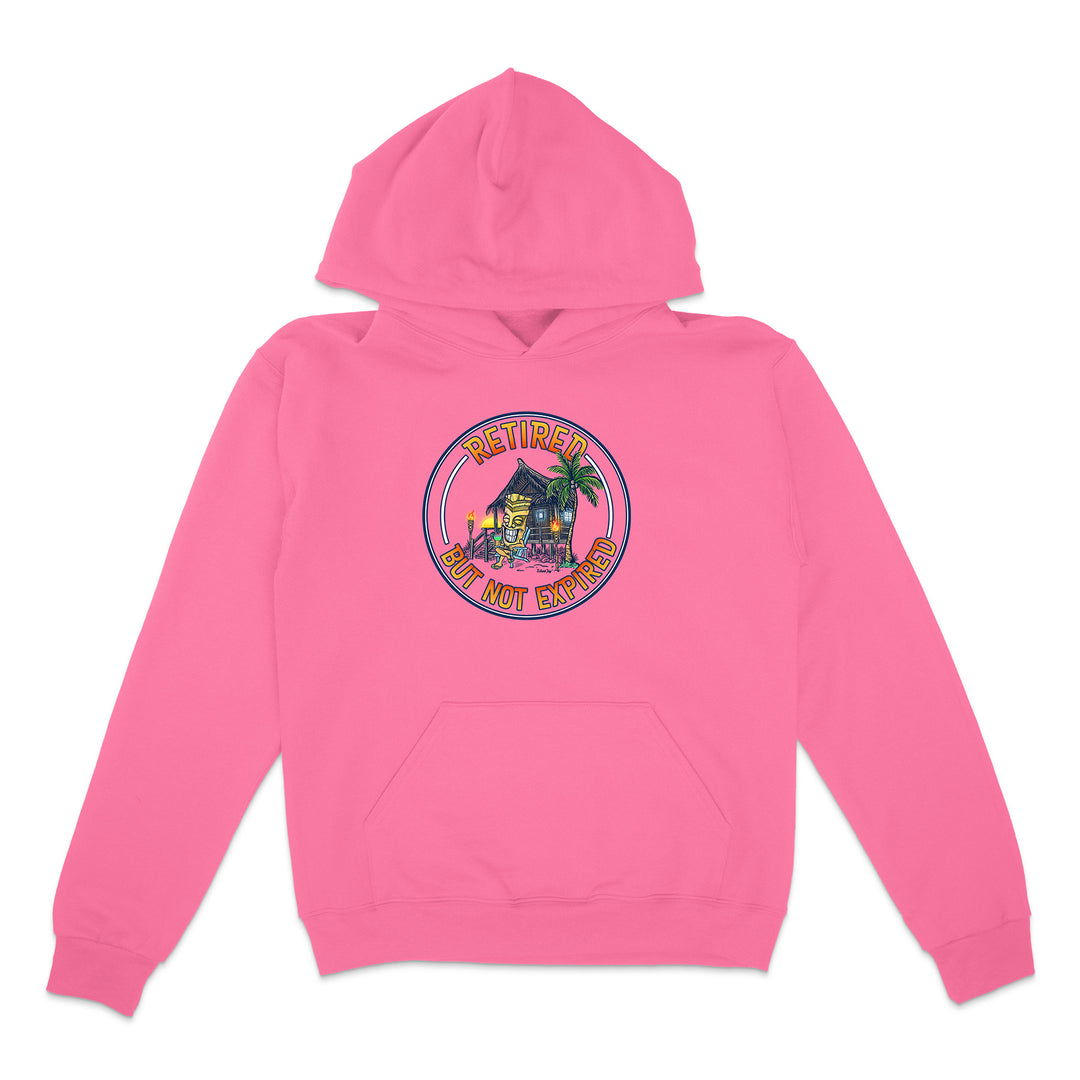 Pink hoodie with a graphic design on a white background