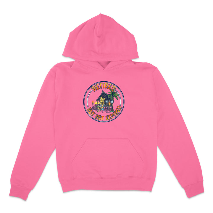 Pink hoodie with a graphic design on a white background