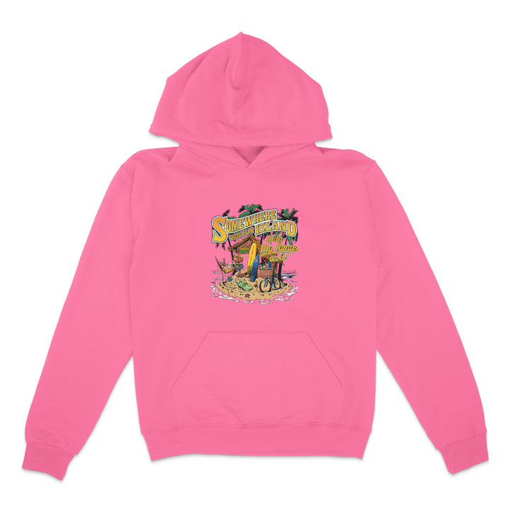 Pink hoodie with a colorful graphic on a white background