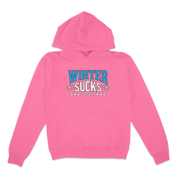 Pink hoodie with 'Winter Sucks' text on a white background