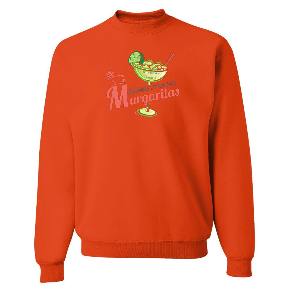 Orange sweatshirt with a margarita graphic and text on a white background