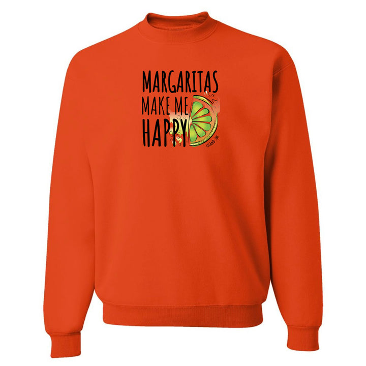 Orange sweatshirt with 'Margaritas Make Me Happy' text and graphic on a white background