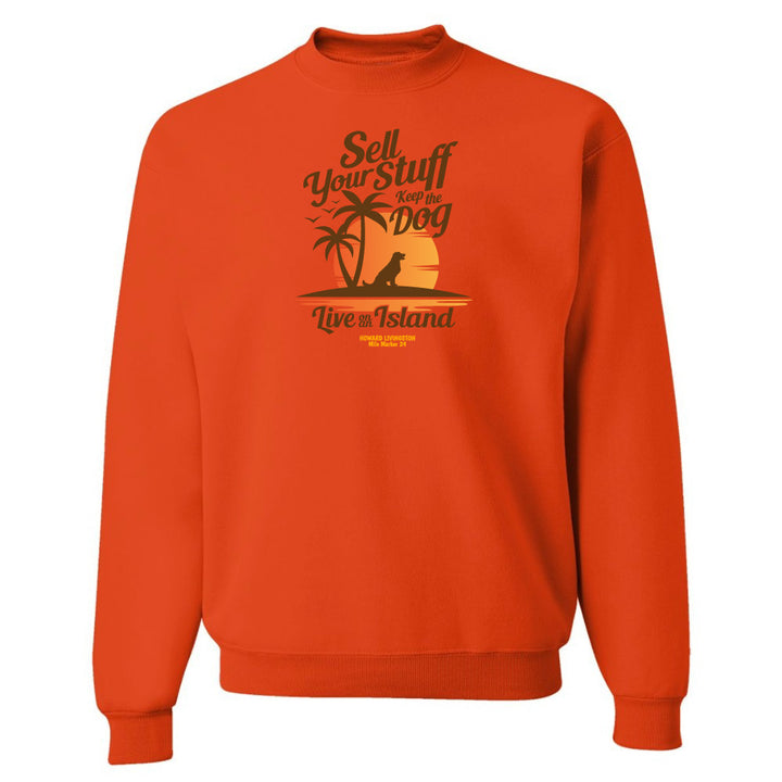 Orange sweatshirt with a graphic design and text on a white background