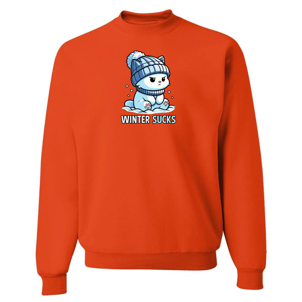Orange sweatshirt with a cartoon character and 'Winter Sucks' text on a white background