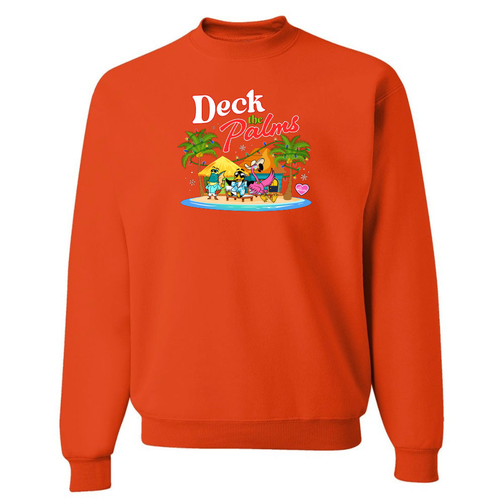 Orange sweatshirt with 'Deck the Palms' graphic design on a white background