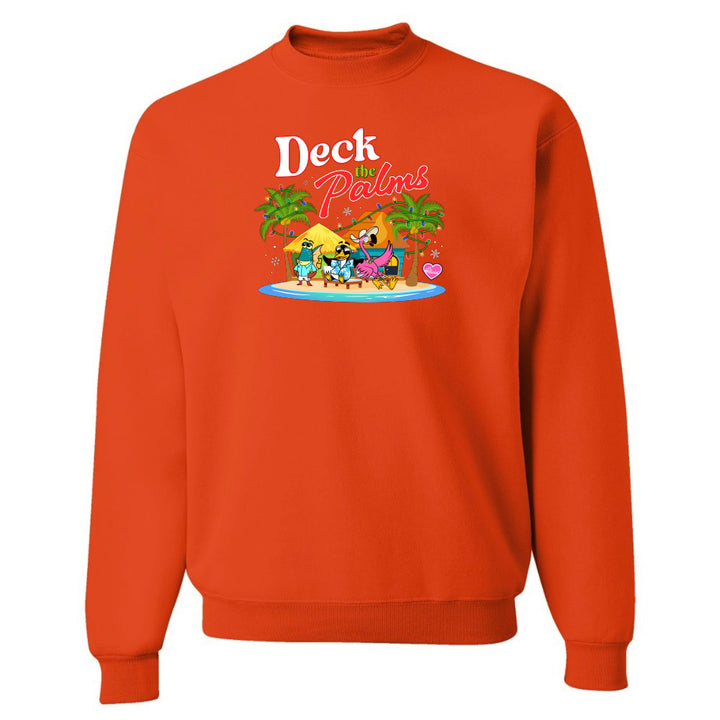 Orange sweatshirt with 'Deck the Palms' graphic design on a white background