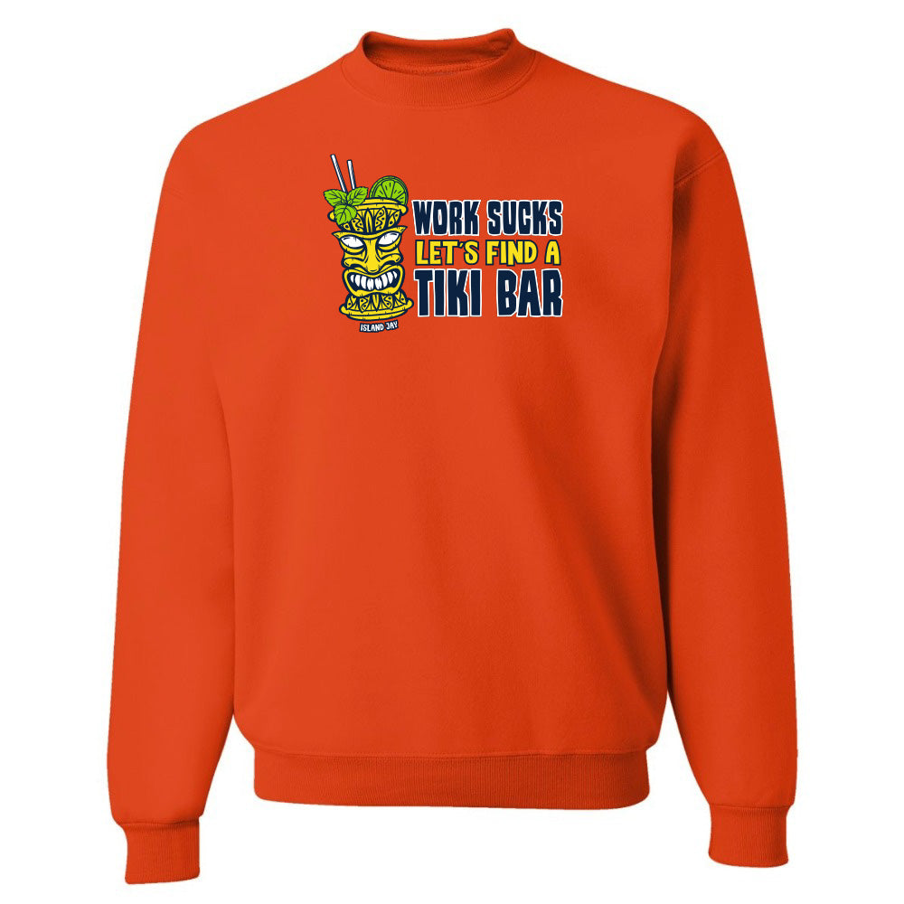 Orange sweatshirt with a tiki bar graphic and text on a white background