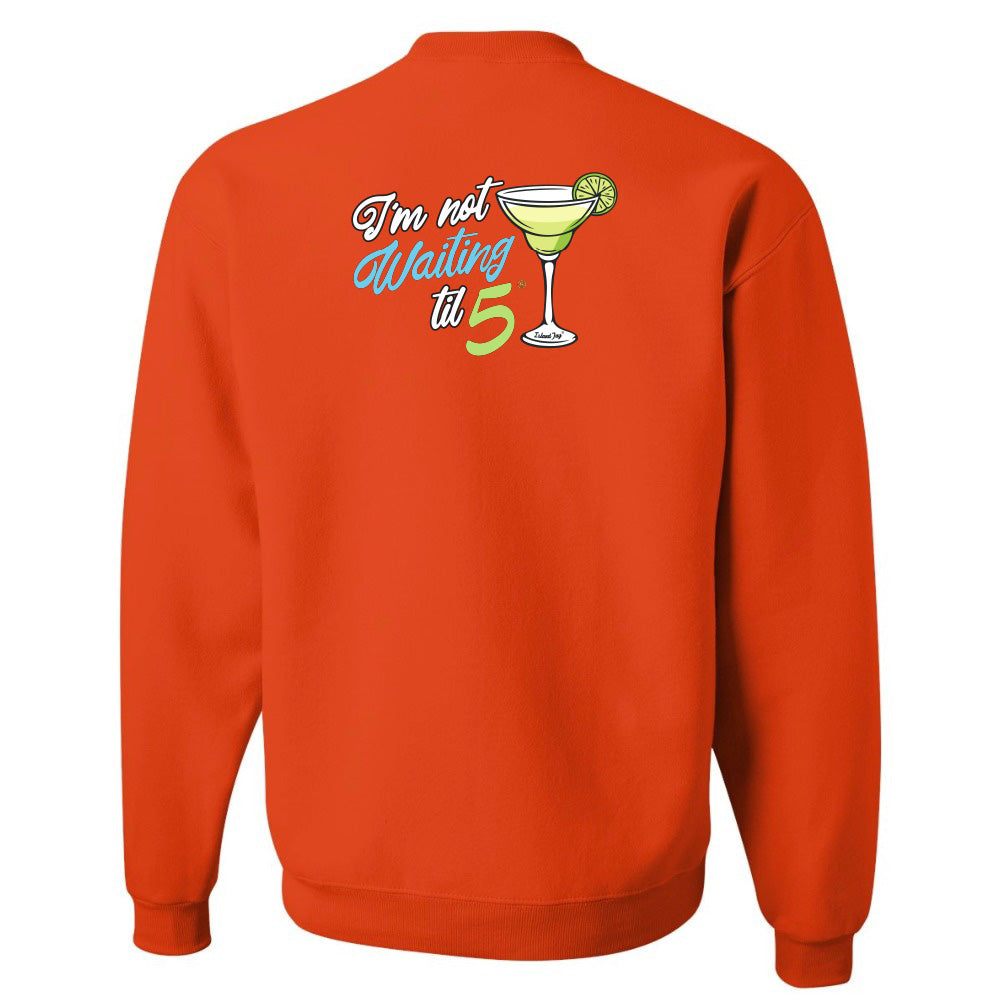 Orange sweatshirt with a graphic and text on the back against a white background