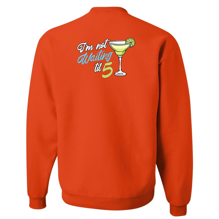 Orange sweatshirt with a graphic and text on the back against a white background