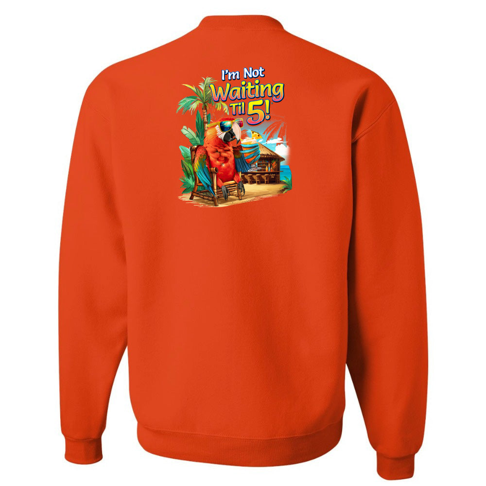 Orange sweatshirt with a colorful graphic and text on the back against a white background
