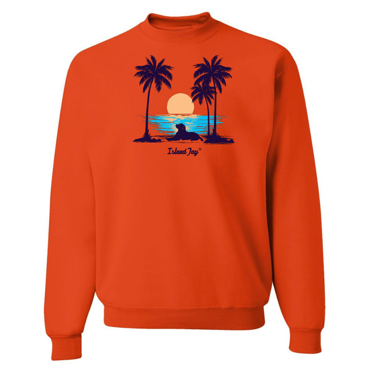 Orange sweatshirt with a graphic of palm trees and a sunset on a white background