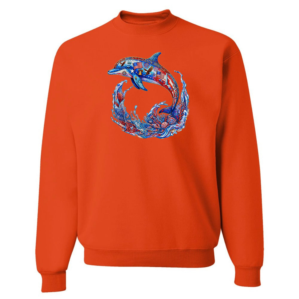 Orange sweatshirt with a blue dolphin design on a white background
