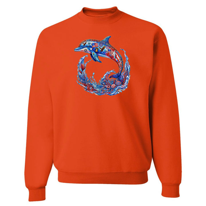 Orange sweatshirt with a blue dolphin design on a white background