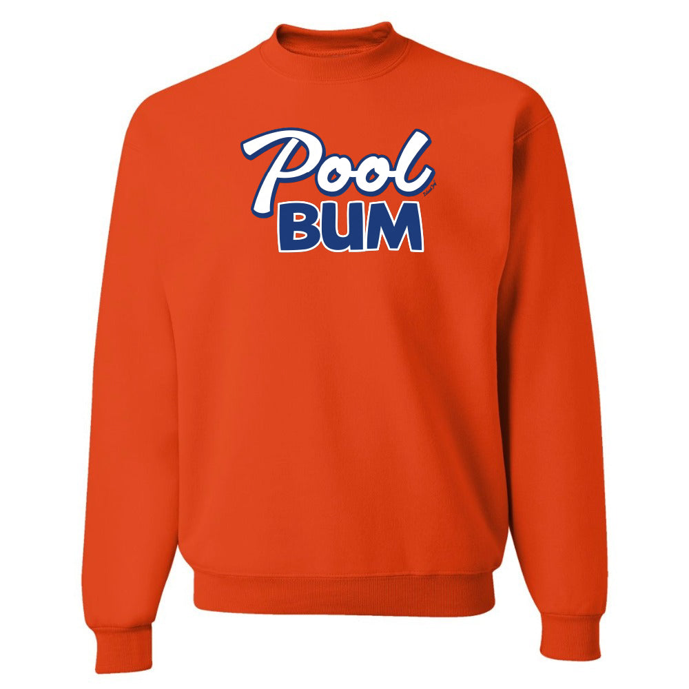 Orange sweatshirt with 'Pool Bum' text on a white background