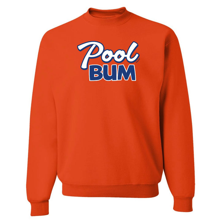 Orange sweatshirt with 'Pool Bum' text on a white background