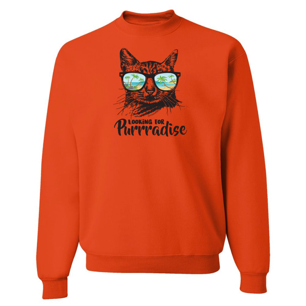 Orange sweatshirt with a cat graphic and text 'Looking for Purradise' on a white background
