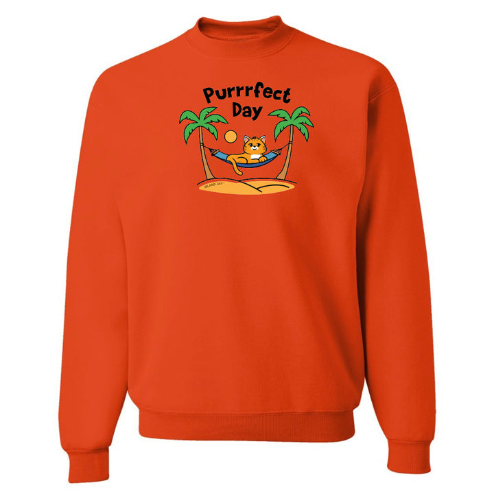 Orange sweatshirt with a cat graphic and 'Purrfect Day' text on a white background