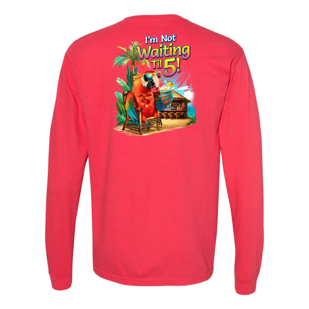 Red long-sleeve shirt with a colorful graphic and text on the back against a white background