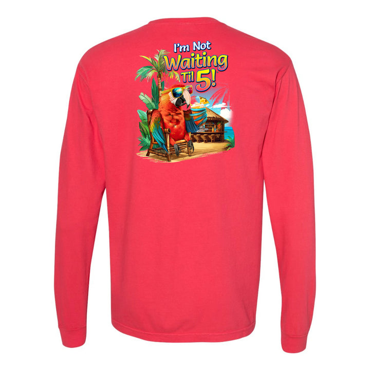 Red long-sleeve shirt with a colorful graphic and text on the back against a white background