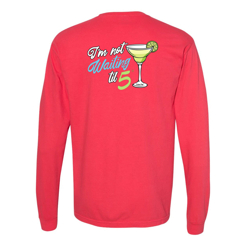 Red long-sleeve shirt with a cocktail graphic and text on the back against a white background