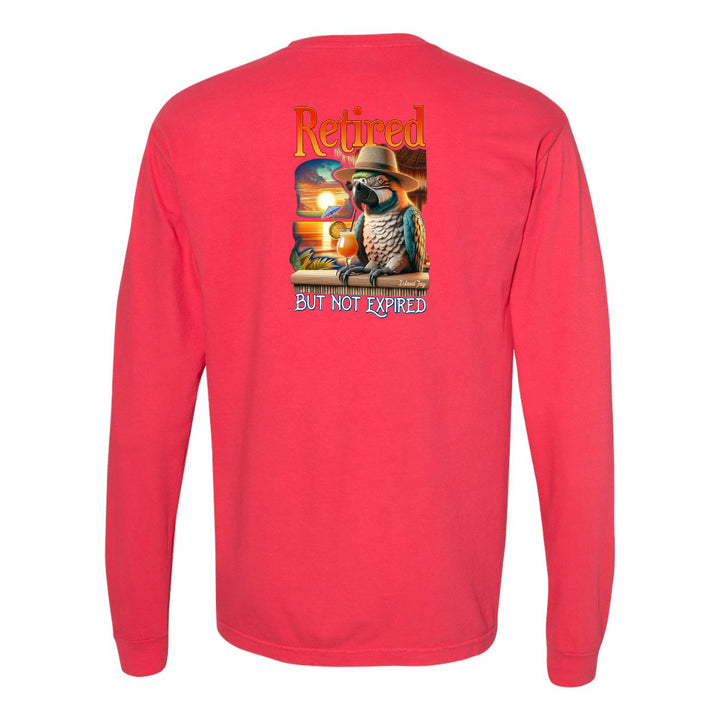 Red long-sleeve shirt with a parrot graphic and text on the back, on a white background.